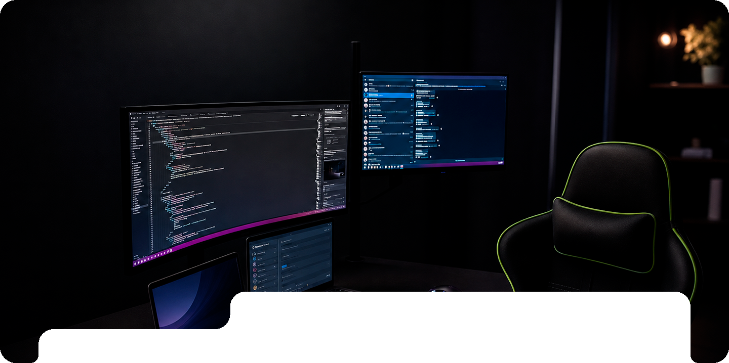 Roman Alekseev workspace: code, monitors, and a website layout